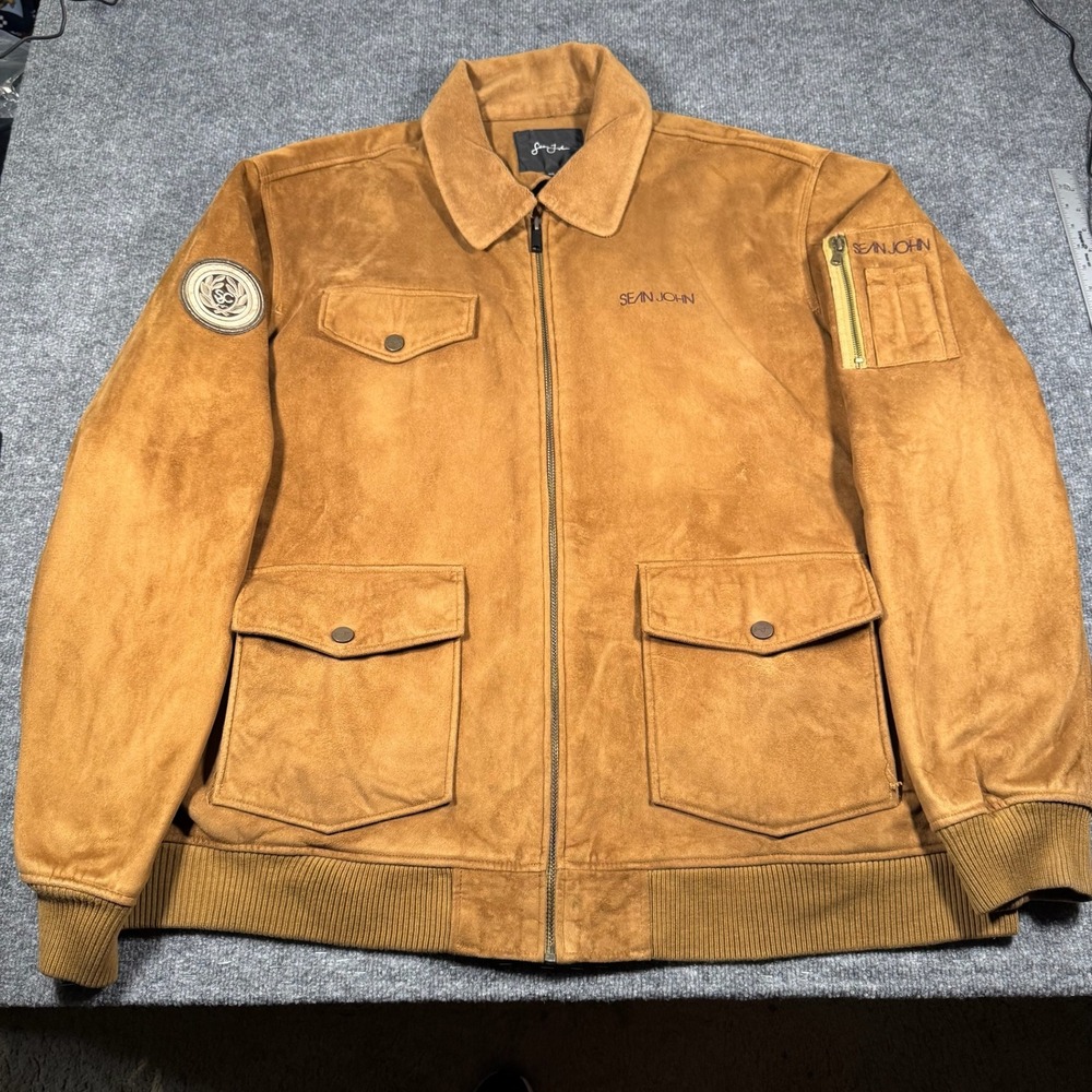 Vintage Y2k Sean John Mens 3XL Faux Suede Bomber Jacket Tan Brown Full Zip Coat